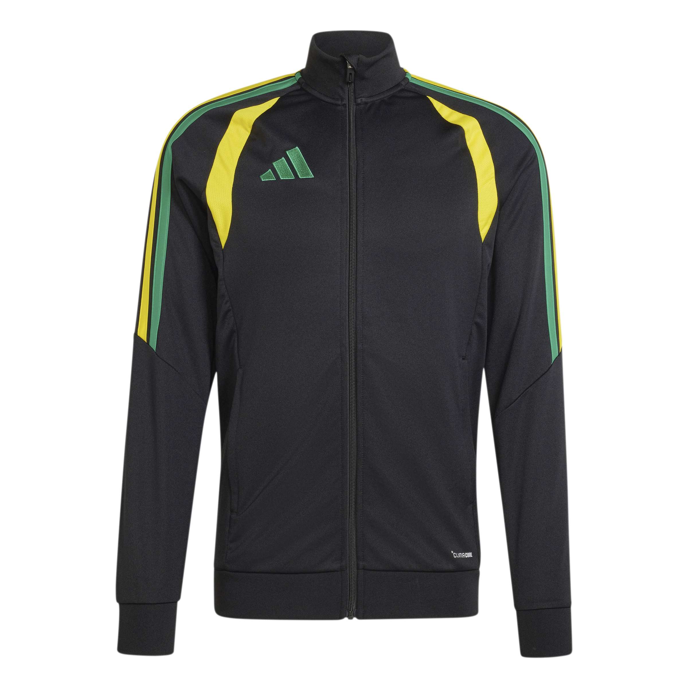 Jaqueta Adidas masculina de treino preta com detalhes coloridos, zíper frontal e logo no peito
